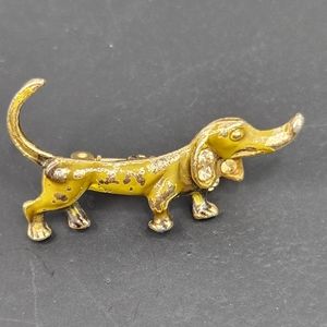 Vintage Gold Tone  Rhinestone Weiner Dachshund  Hot Dog Brooch Pin